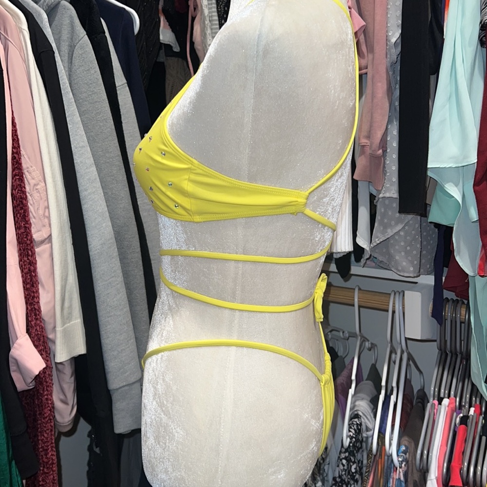 Yellow Bandeau bikini with added AB RHINESTONES. Size small. - Picture 8 of 9